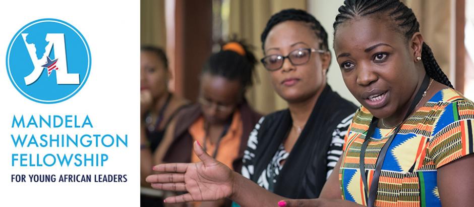 Group of people in discussion, one woman gesturing, Mandela Washington Fellowship logo.