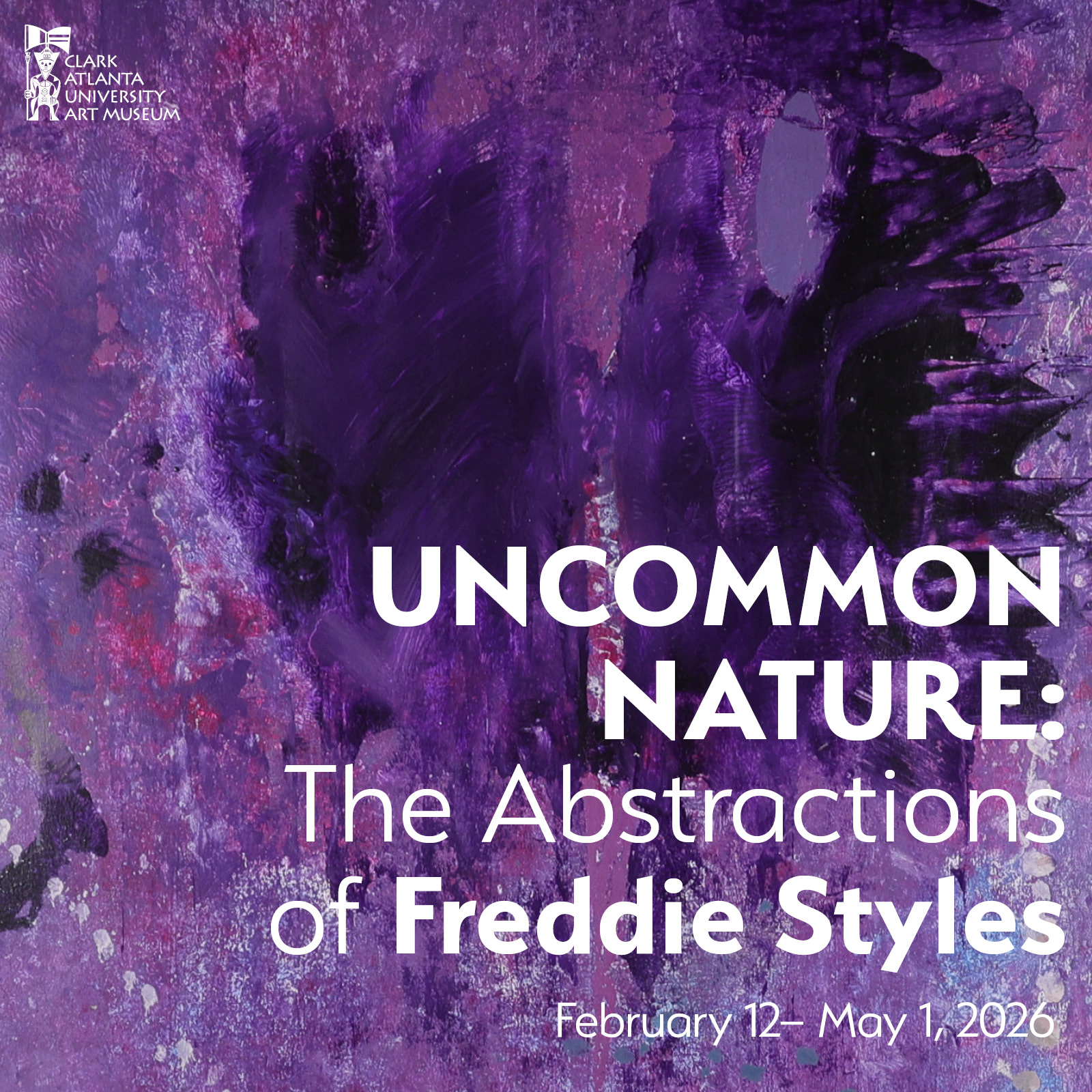 Abstract purple artwork with text "Uncommon Nature: The Abstractions of Freddie Styles."
