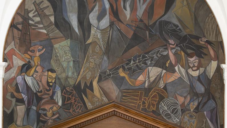 Colorful mural depicting dynamic, abstract figures and flames above a wooden architectural element.
