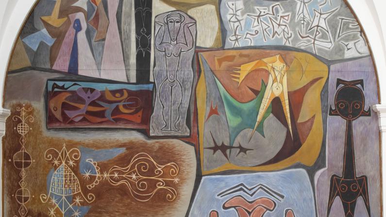 Abstract mural with geometric shapes and earthy tones.