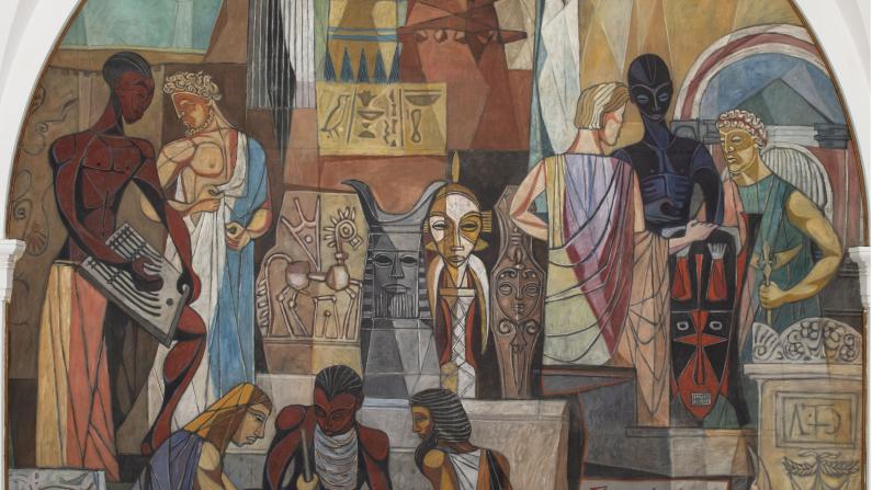 Mural of diverse figures with ancient scripts and symbols, vibrant colors and intricate designs.