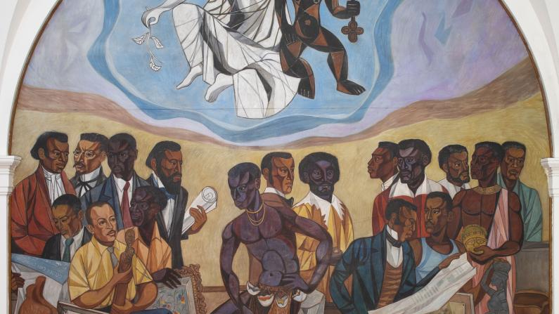 Mural depicting diverse men gathered with two floating figures above, in an archway.