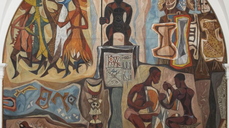 Colorful mural depicting abstract figures and scenes with earthy tones and dynamic shapes.