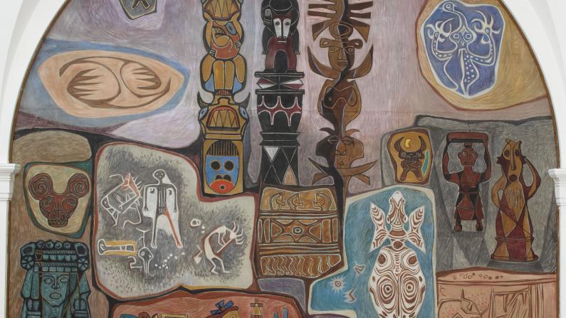 Colorful abstract mural with tribal and symbolic motifs.