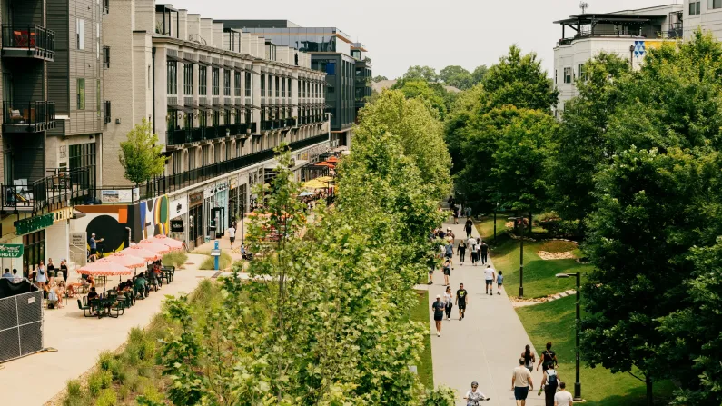Urban park with people walking on a leafy pathway, flanked by buildings.
