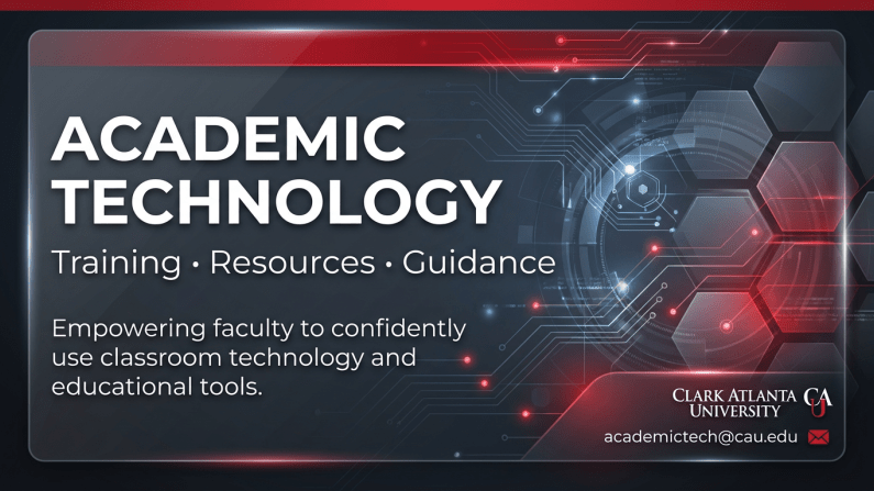 Academic Technology graphic, hexagons and circuit elements, black and red theme.