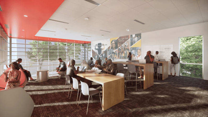 Interior rendering of Clark Atlanta University’s Student Success Center showing collaborative student spaces and modern design elements.