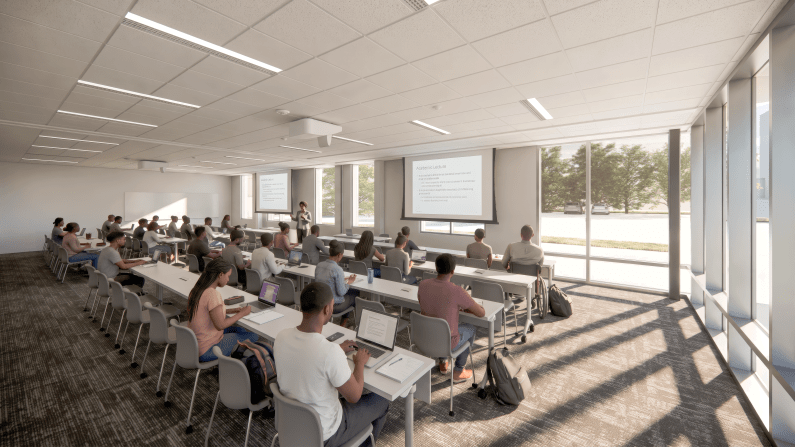 Interior rendering of Clark Atlanta University’s Student Success Center showing collaborative student spaces and modern design elements.