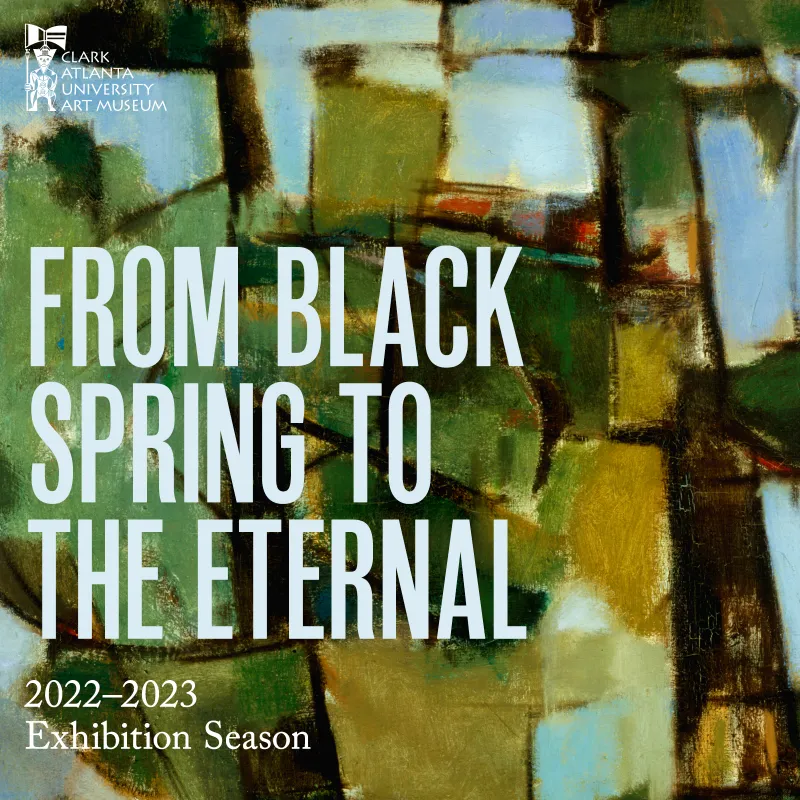 Abstract painting with green, blue, and brown geometric shapes, text overlay.