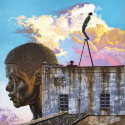 A vibrant mural of a large head beside a rooftop silhouette against a colorful sky.