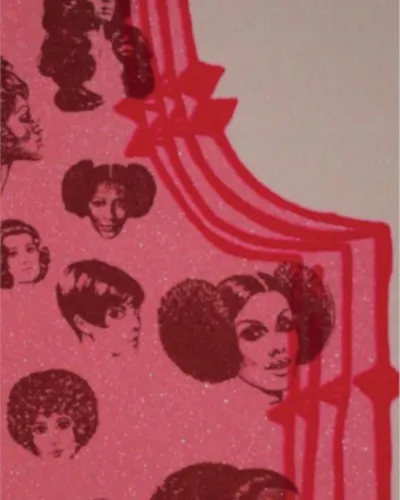 Stylized faces with various hairstyles on a pink and red patterned background.