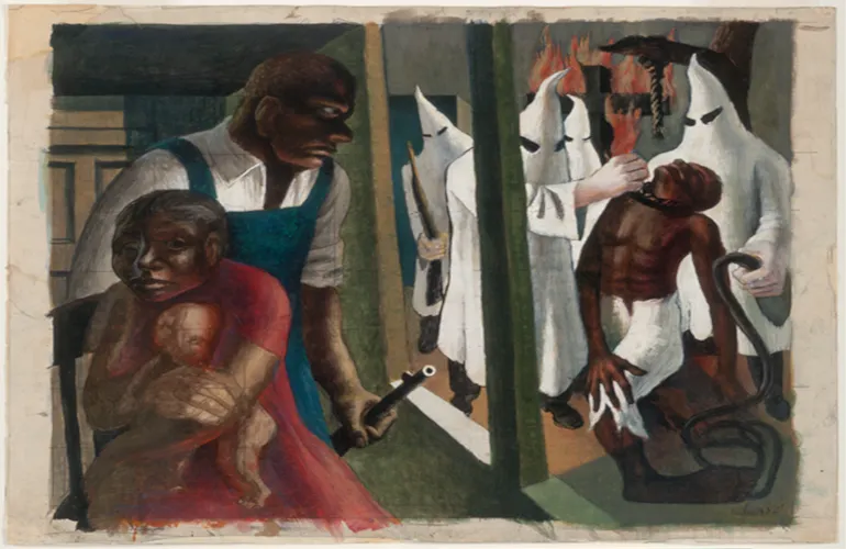 Painting of a distressed family facing Ku Klux Klan members in a threatening scene.