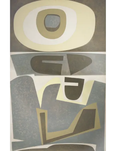 Abstract geometric shapes in muted grays, greens, and yellows.