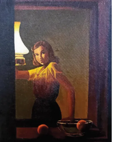 Woman holding a lamp by a window; a bowl and fruit nearby.