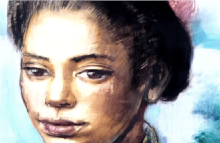 Portrait painting of a woman with a serene expression against a soft blue background.