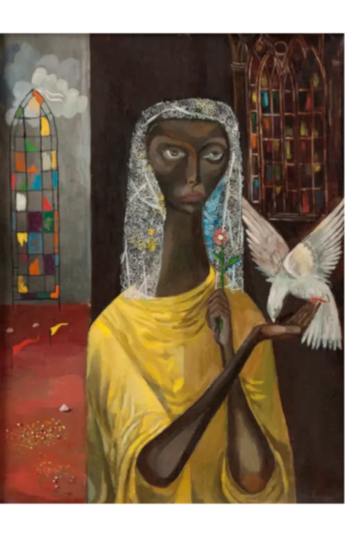 Woman in yellow dress holding a white dove, stained glass window in background.