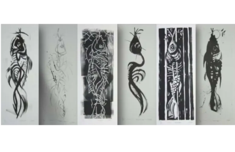 Abstract black and white drawings of figures and shapes on vertical panels.