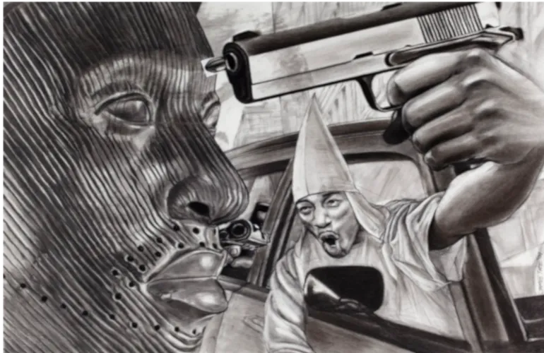 Dramatic drawing of a masked face beside a figure pointing a gun from a car window.