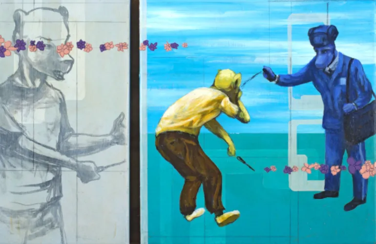 Man in yellow hoodie interacting with a blue uniformed figure holding a baton, abstract style.