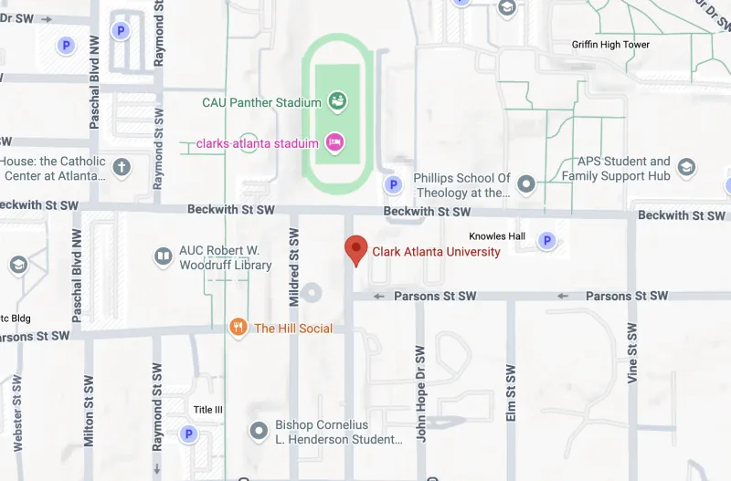 Map showing Clark Atlanta University, landmarks and streets in a city area.