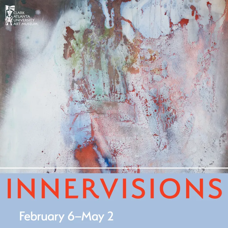 Abstract watercolor art with red, blue, and white textures. Text reads, "Innervisions."