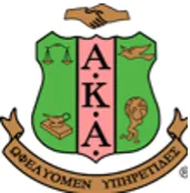 Coat of arms with green and pink shield, scales, bird, and torch symbols, and handshake above.