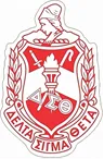 Red and white Delta Sigma Theta logo with torch and Greek letters.