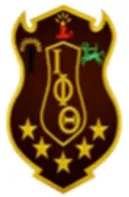 Brown and gold shield logo with Greek letters and stars.