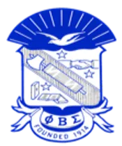 Blue and white illustrated fraternity logo with symbols and "ΦΒΣ" text.