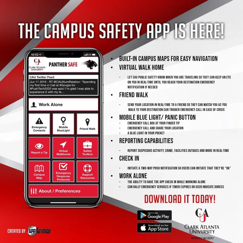 Campus safety app poster featuring a smartphone with red and gray design elements.