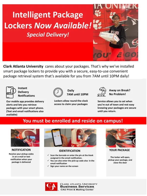 Intelligent package lockers information leaflet with red accents and photos of locker usage.