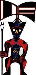 Colorful abstract figure holding a staff and flag.