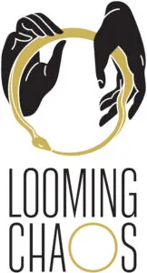 Two hands holding a gold ring above the text "Looming Chaos."