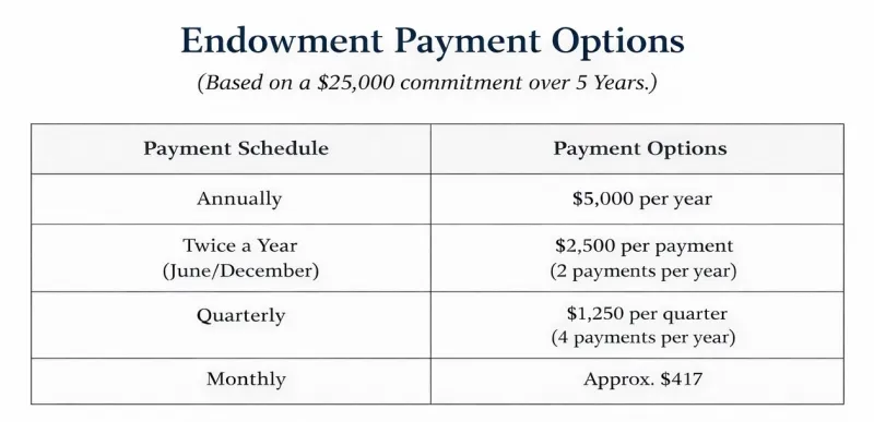 Endowment payment options table with annual, twice, quarterly, monthly plans.