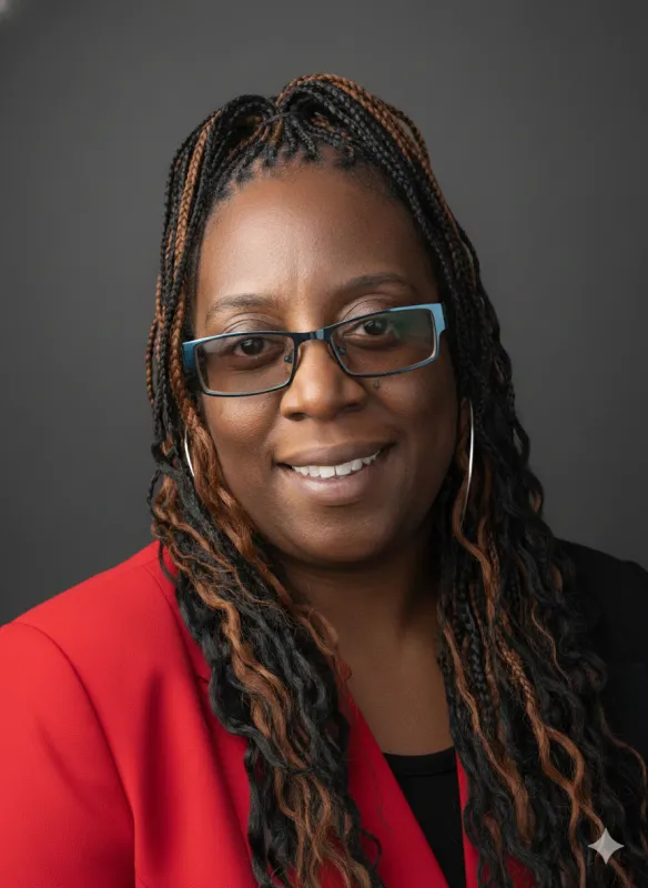 Smiling woman with braids and glasses, wearing a red jacket.