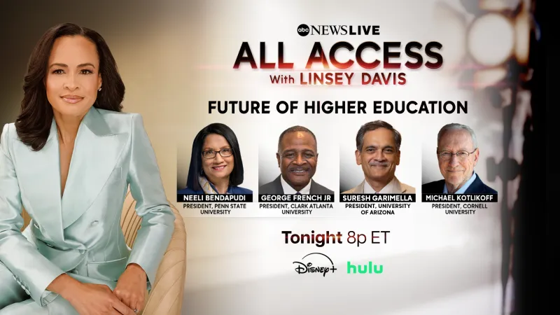 News show host with guests' portraits, discussing future of higher education.