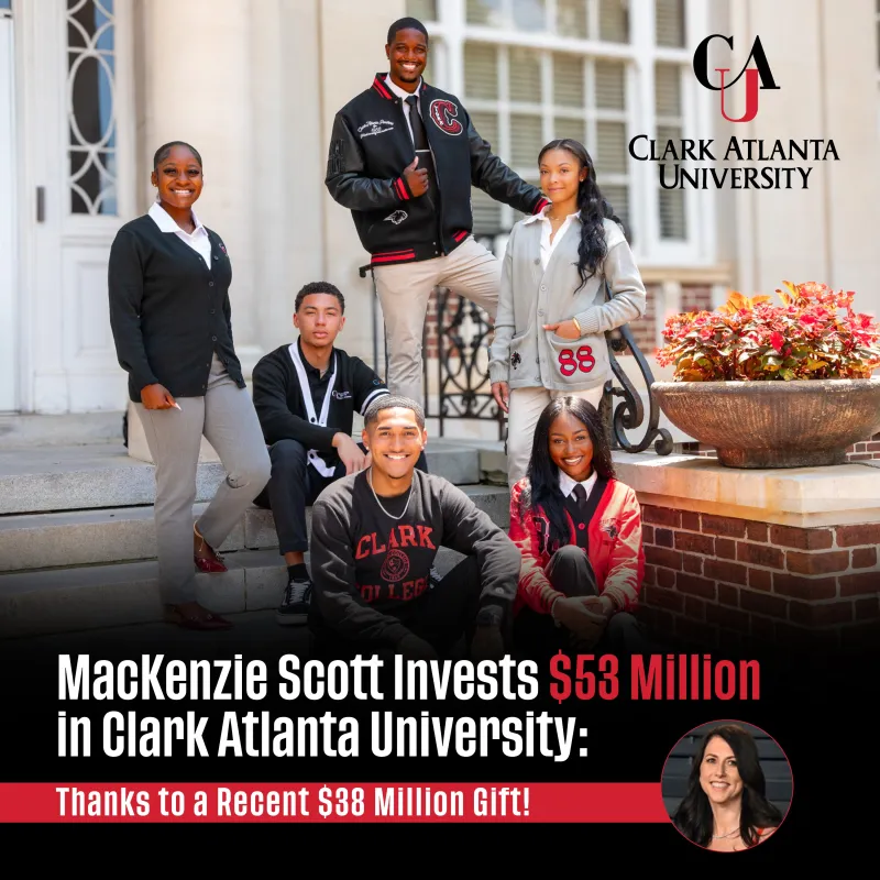 Group of six students smiling on steps, wearing Clark Atlanta University attire.