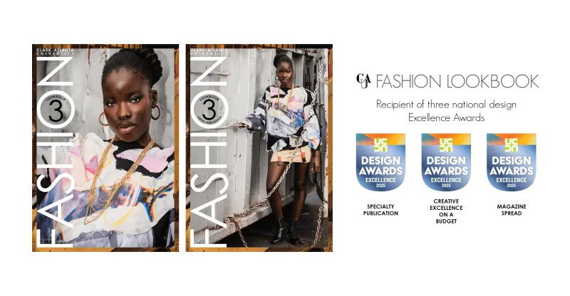 Fashion magazine cover with model in colorful outfit. Three design award logos displayed.