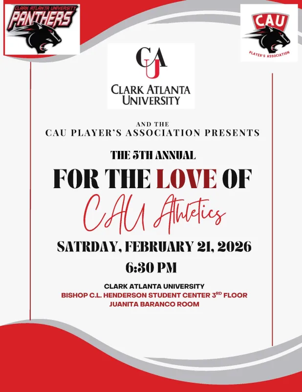 Clark Atlanta University event announcement with logos and red accents.