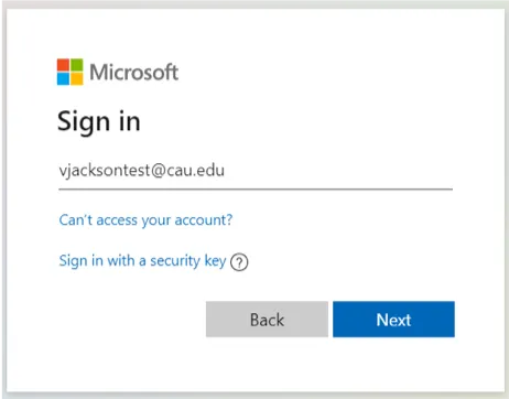Microsoft login screen showing email input with "Back" and "Next" buttons.