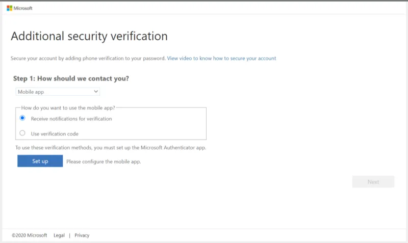 Security verification screen with email and app options.