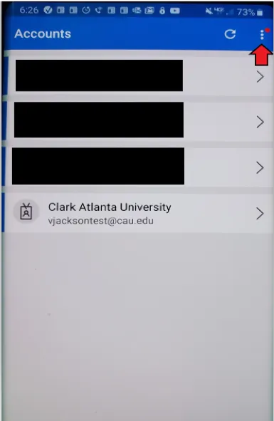 Account list on a mobile screen, third shows Clark Atlanta University.