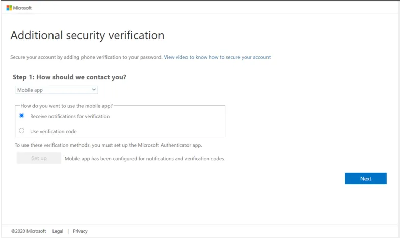 Security verification page with contact options, blue 'Next' button.