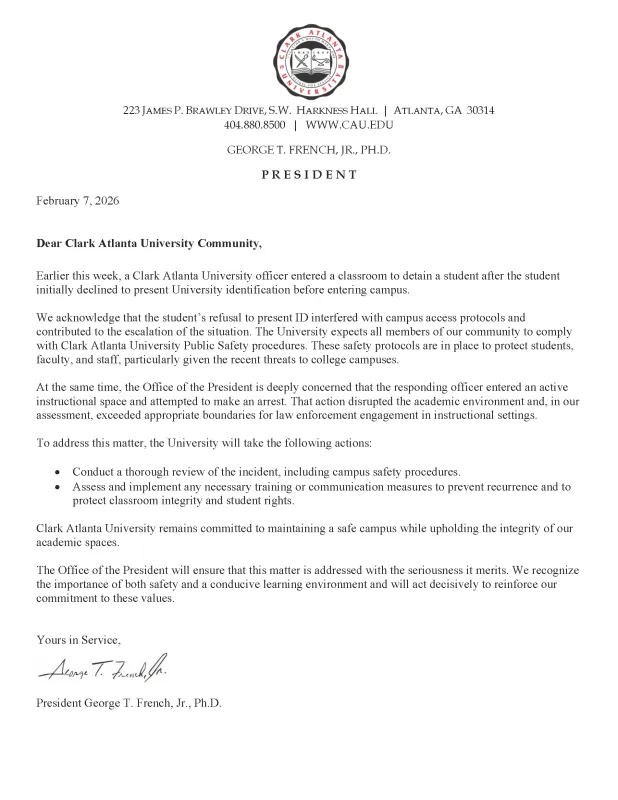 Formal letterhead from Clark Atlanta University President dated February 1, 202.