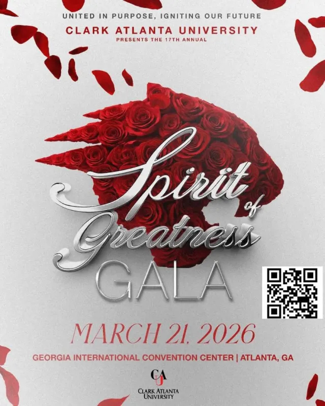 Spirit of Greatness Gala poster with red rose lips and QR code. March 21, 2026.