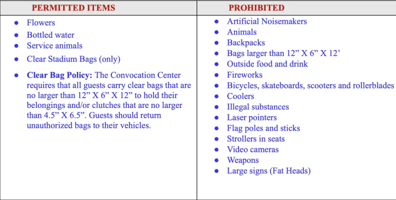 Permitted and prohibited items list, with clear bag policy details.