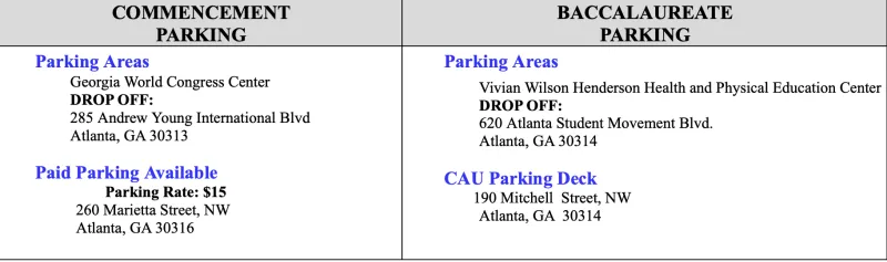 Commencement and baccalaureate parking locations with addresses listed.