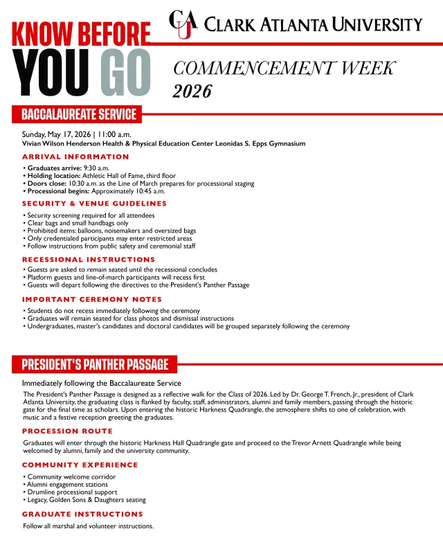 Clark Atlanta University commencement week information flyer for 2026.
