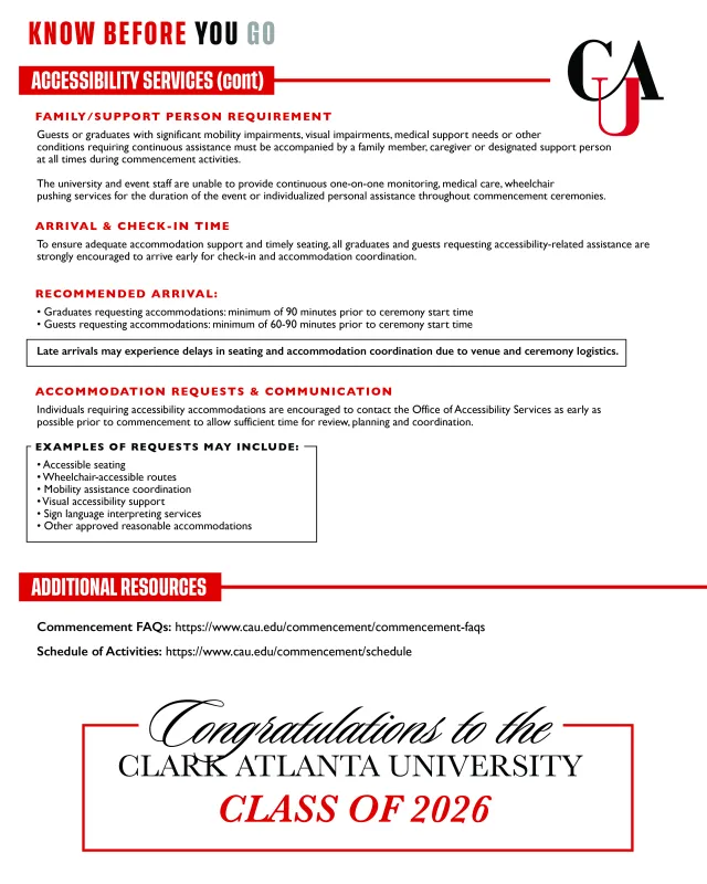 Clark Atlanta University Class of 2026 flyer with accessibility information.