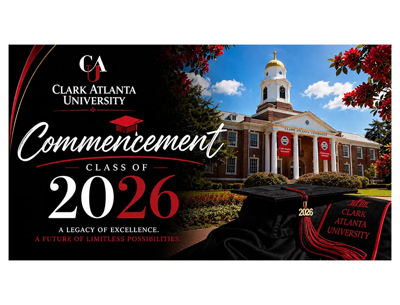 Clark Atlanta University, Class of 2026 Commencement, bright day by red-brick building.